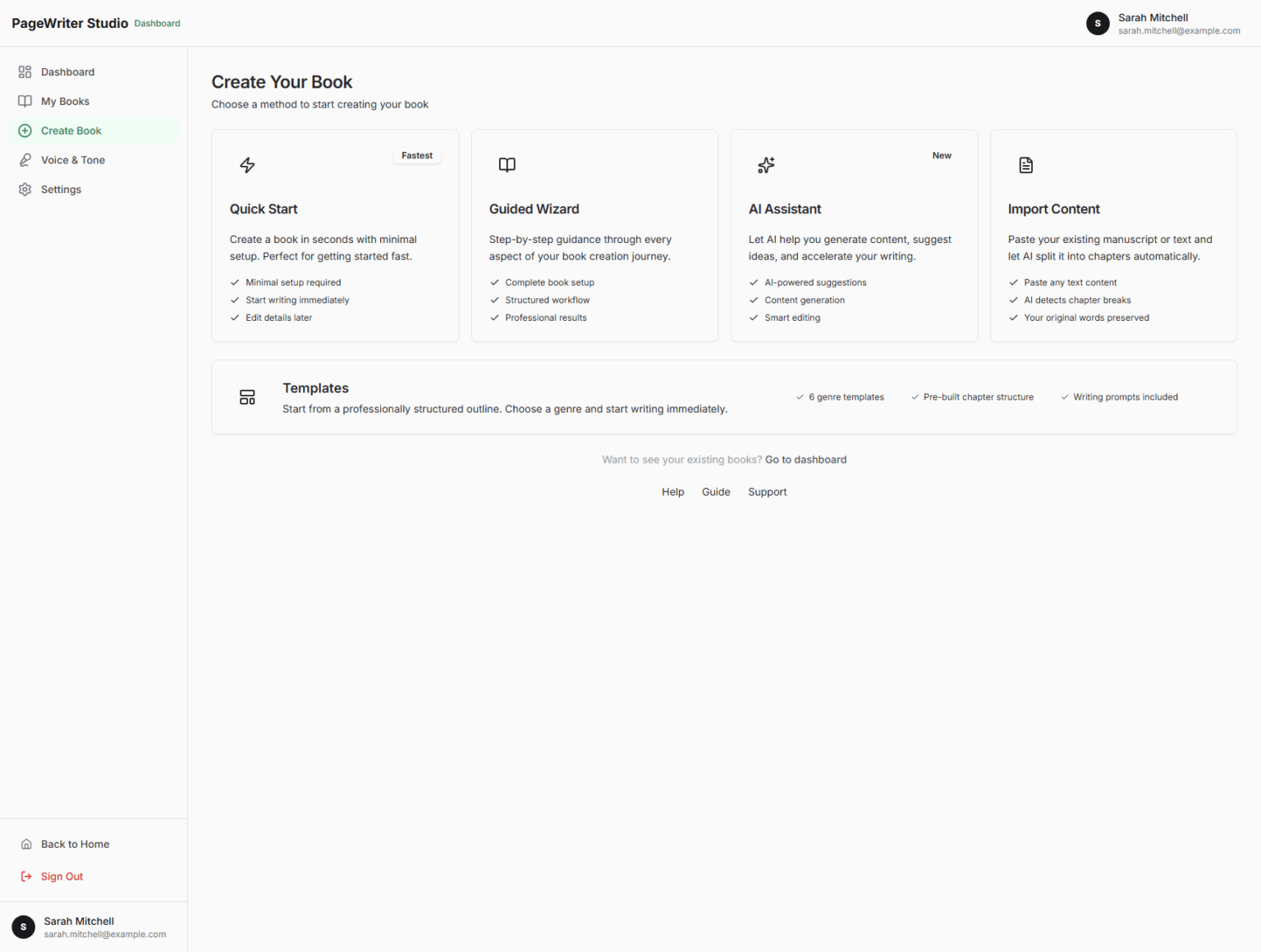 PageWriter Studio book creation workflow — AI-powered writing interface with chapter outline and export options