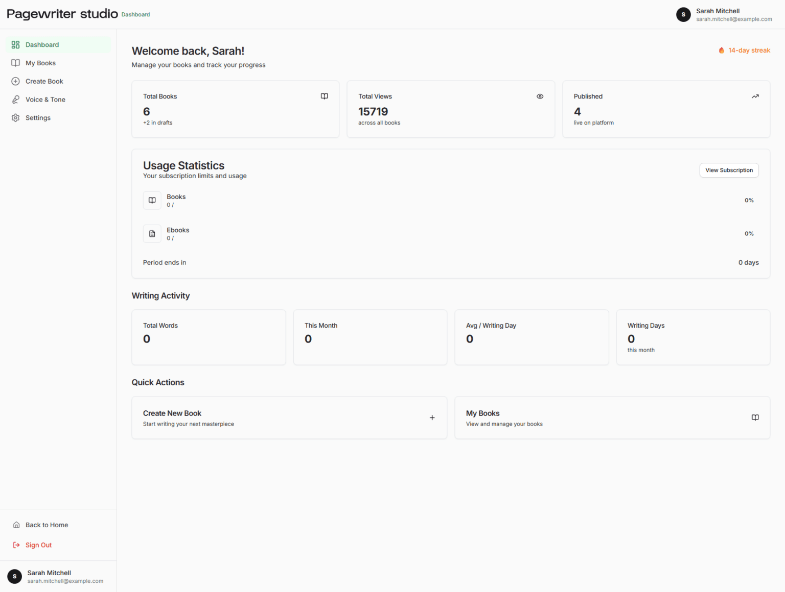 PageWriter Studio AI book writing interface — chapter editor with outline sidebar and style profile panel